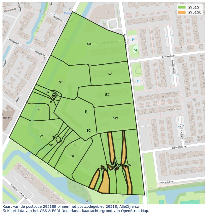 Afbeelding van het postcodegebied 2951 SE op de kaart.
