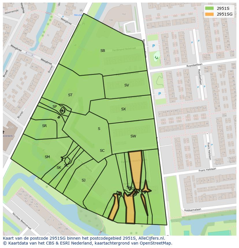 Afbeelding van het postcodegebied 2951 SG op de kaart.