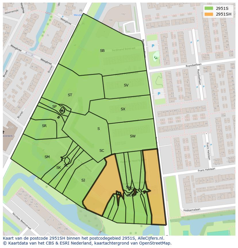 Afbeelding van het postcodegebied 2951 SH op de kaart.