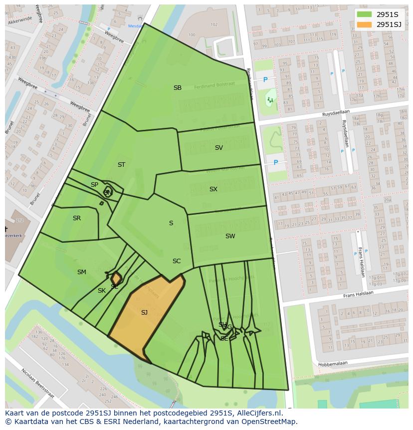 Afbeelding van het postcodegebied 2951 SJ op de kaart.
