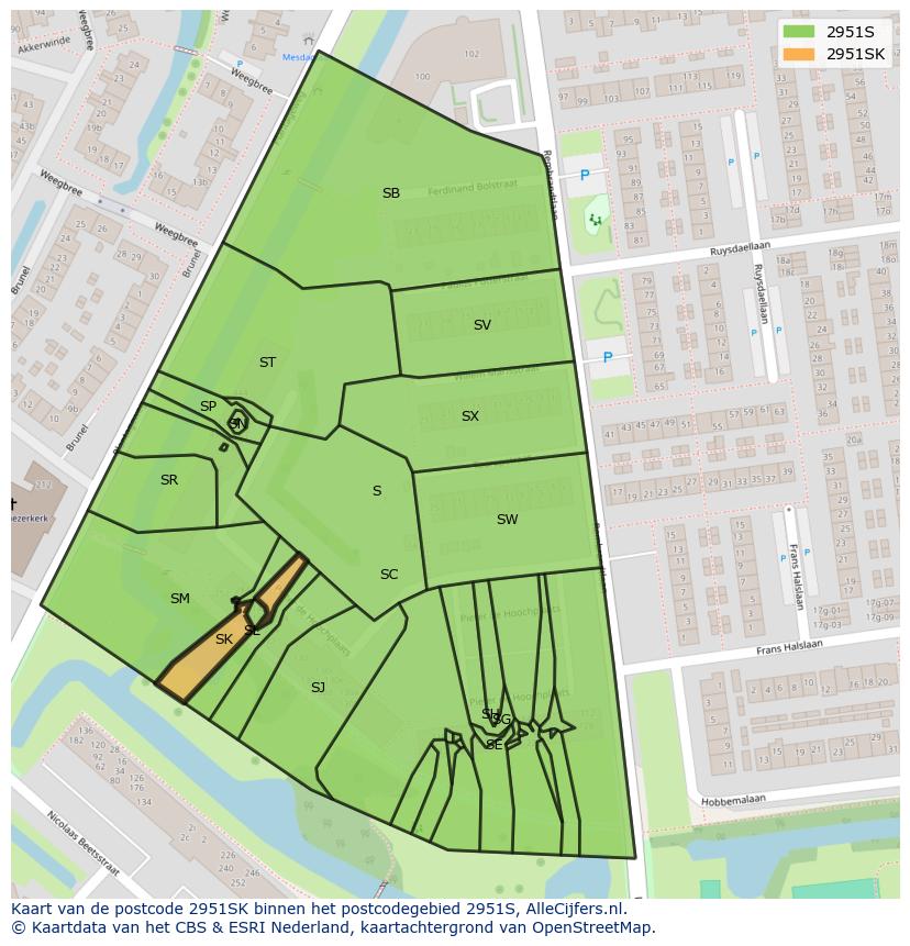 Afbeelding van het postcodegebied 2951 SK op de kaart.