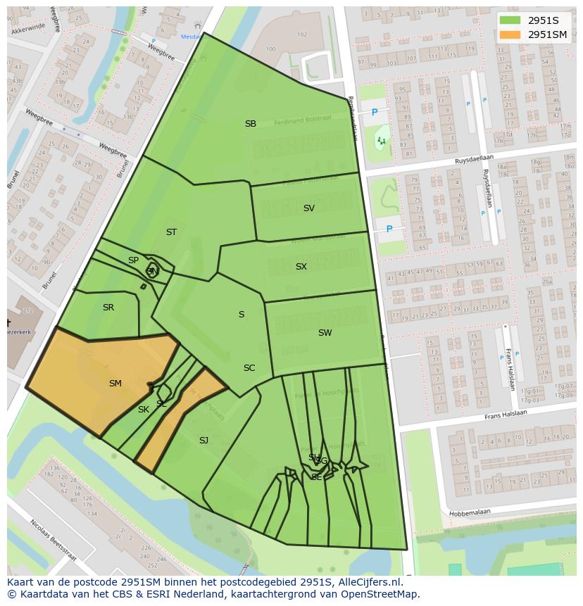 Afbeelding van het postcodegebied 2951 SM op de kaart.