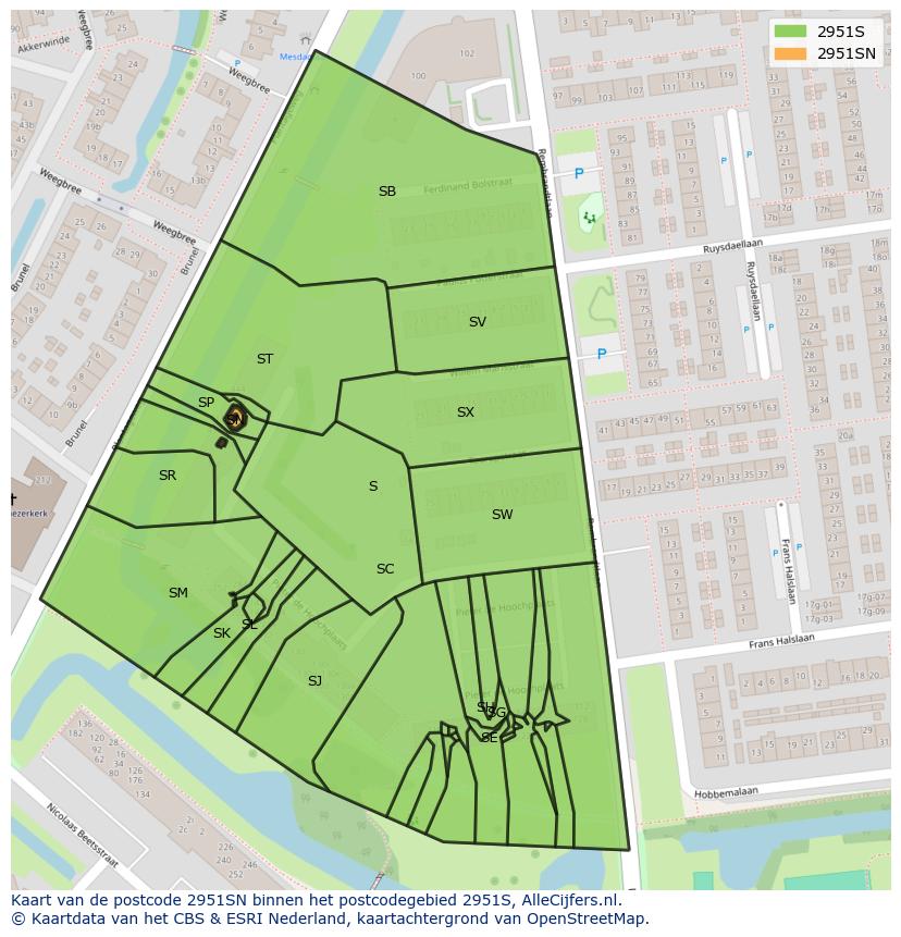 Afbeelding van het postcodegebied 2951 SN op de kaart.