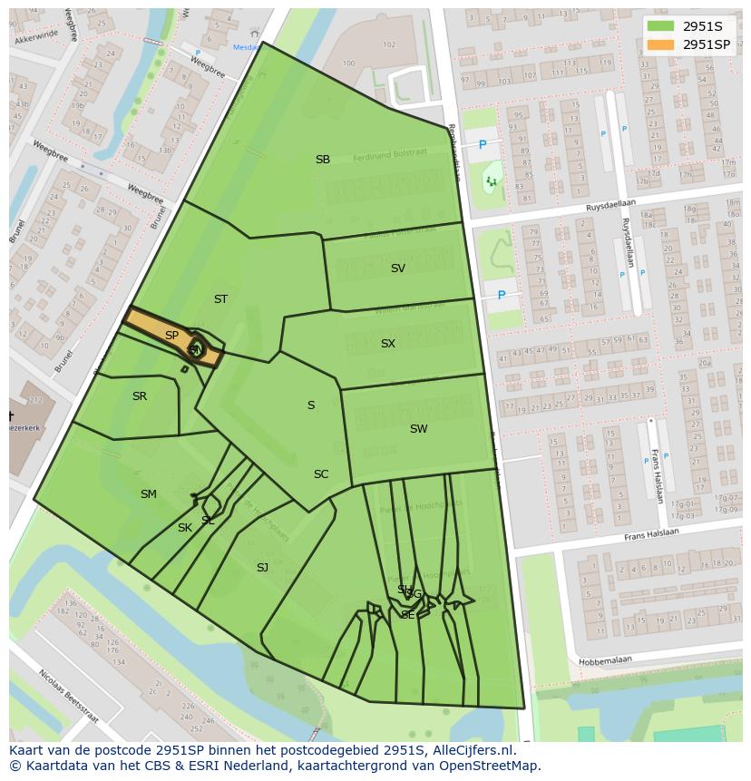 Afbeelding van het postcodegebied 2951 SP op de kaart.