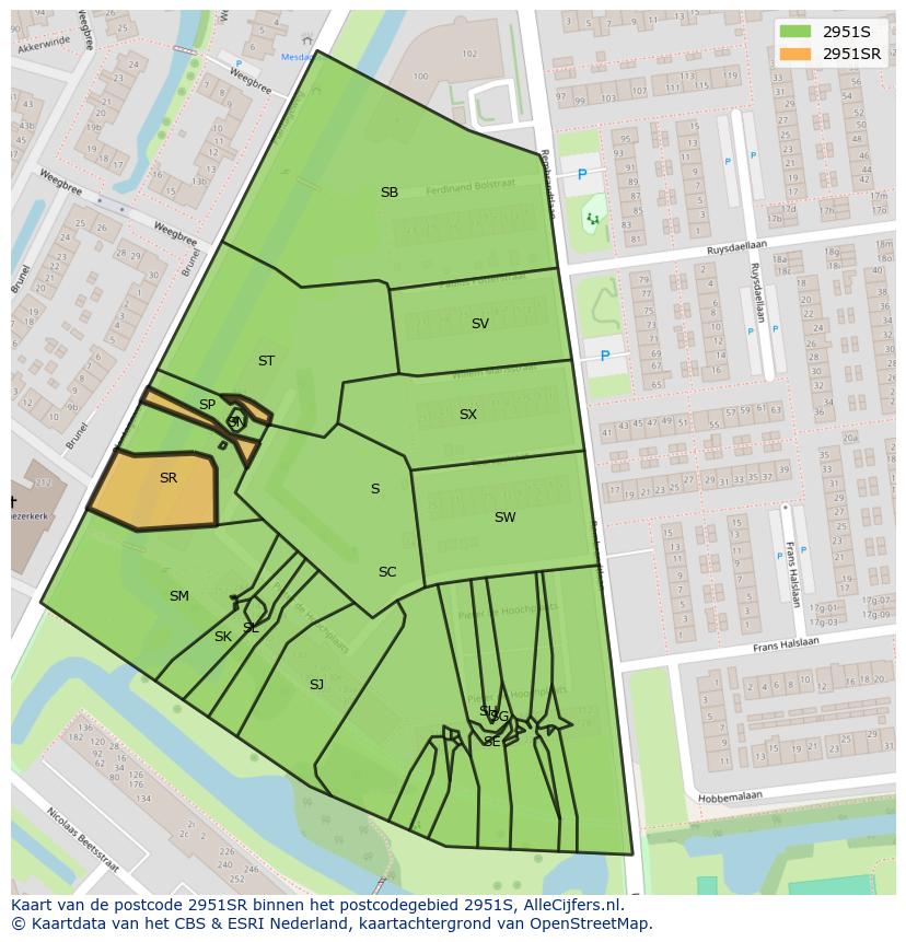 Afbeelding van het postcodegebied 2951 SR op de kaart.