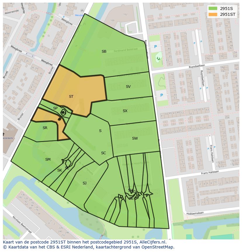 Afbeelding van het postcodegebied 2951 ST op de kaart.