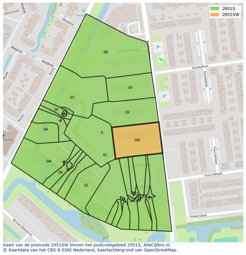 Afbeelding van het postcodegebied 2951 SW op de kaart.