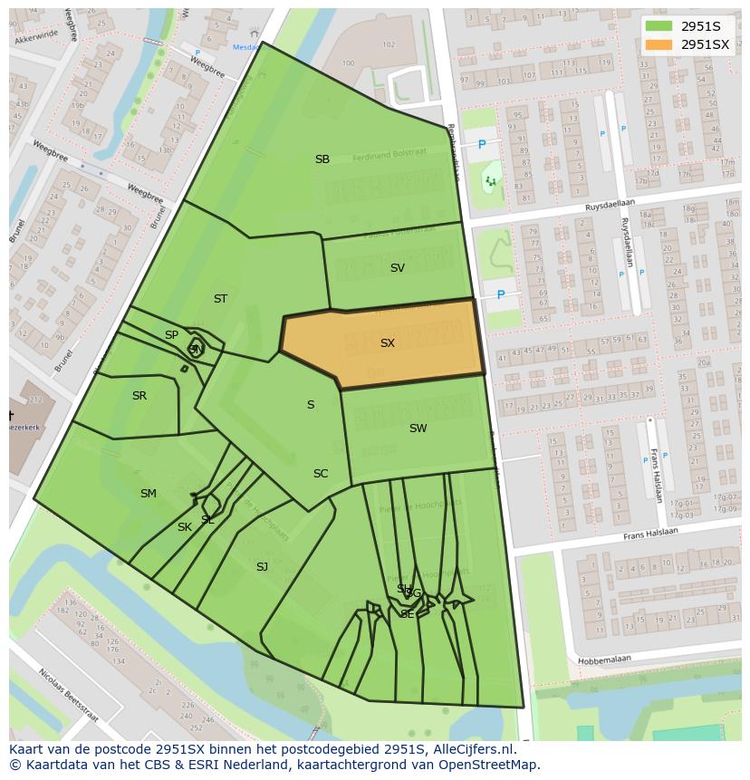 Afbeelding van het postcodegebied 2951 SX op de kaart.