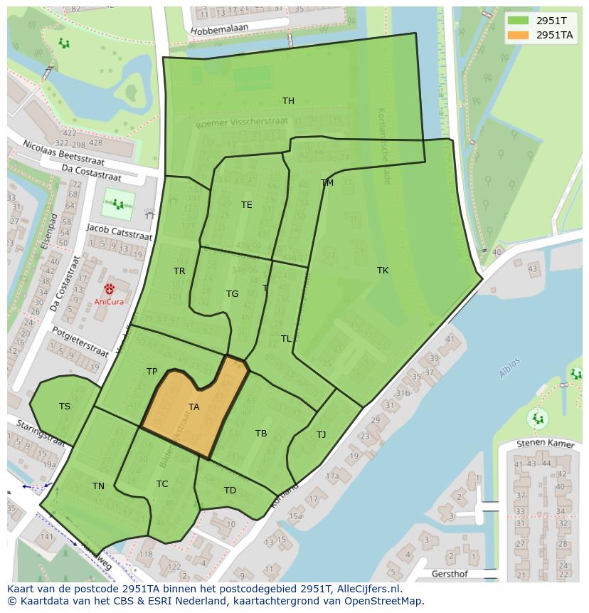 Afbeelding van het postcodegebied 2951 TA op de kaart.