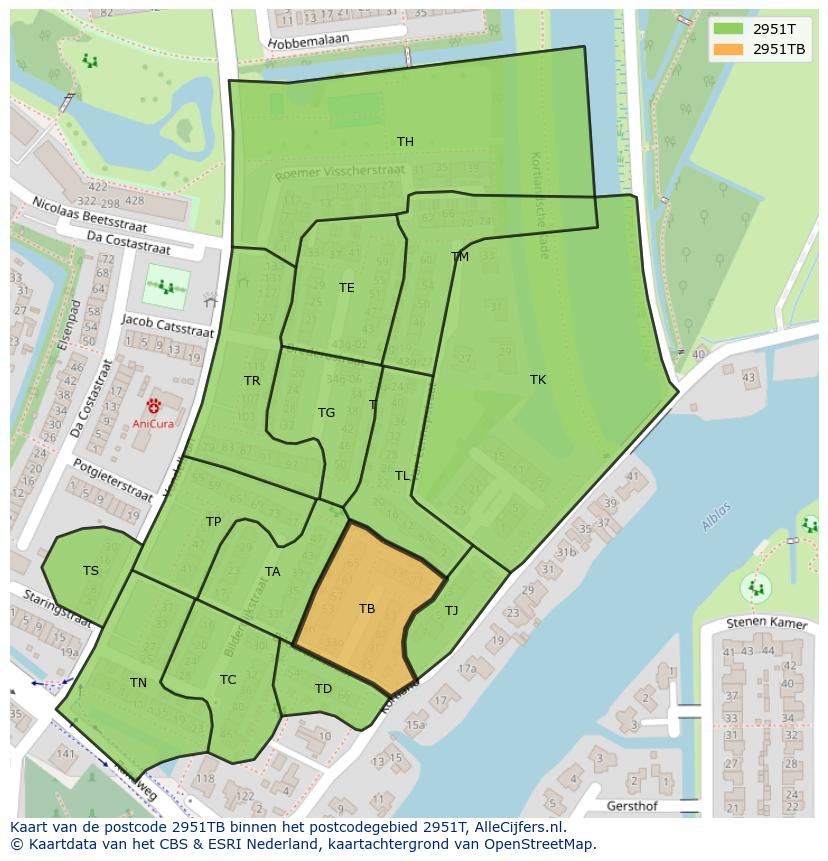 Afbeelding van het postcodegebied 2951 TB op de kaart.