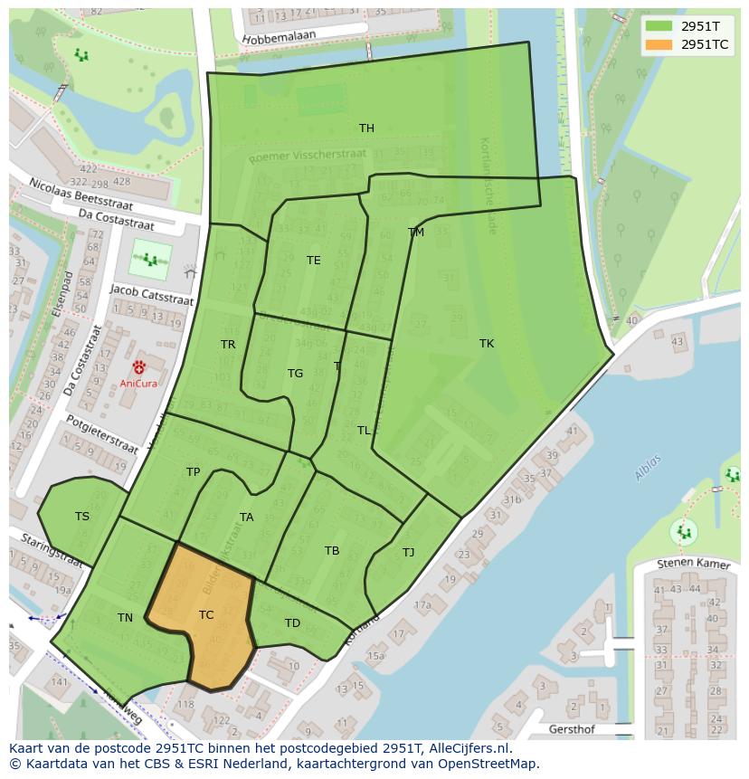Afbeelding van het postcodegebied 2951 TC op de kaart.