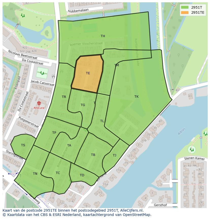 Afbeelding van het postcodegebied 2951 TE op de kaart.