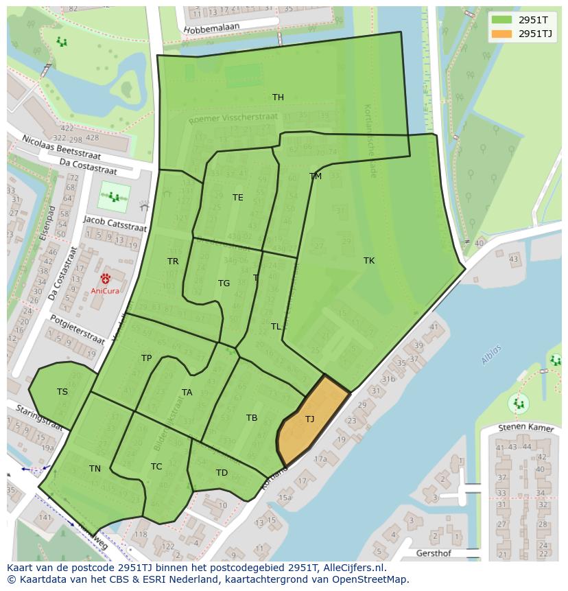 Afbeelding van het postcodegebied 2951 TJ op de kaart.