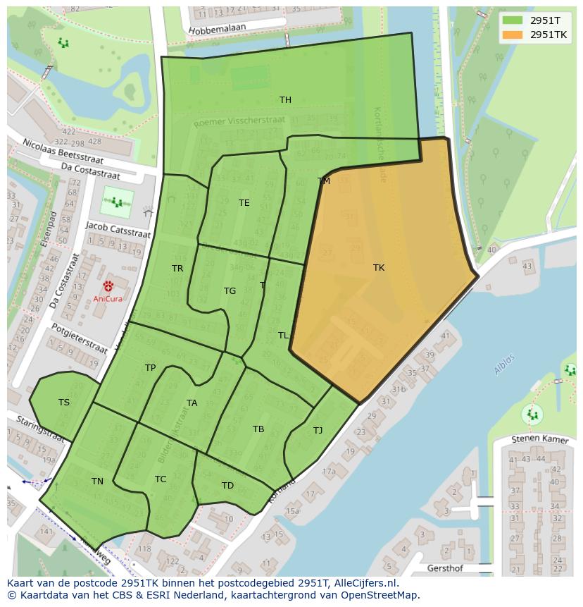Afbeelding van het postcodegebied 2951 TK op de kaart.