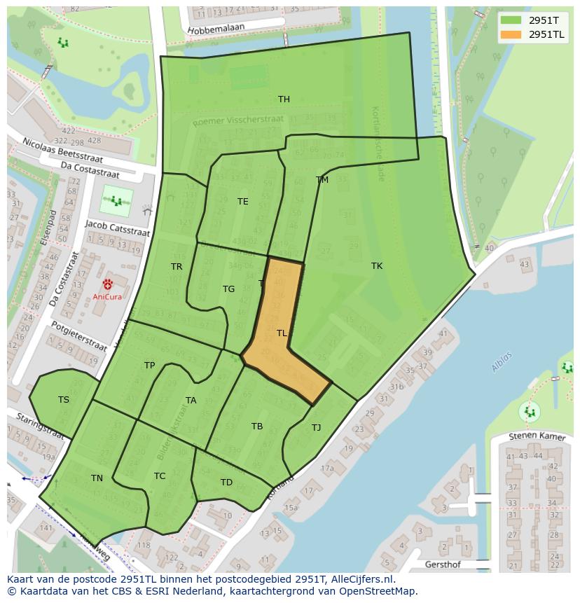 Afbeelding van het postcodegebied 2951 TL op de kaart.