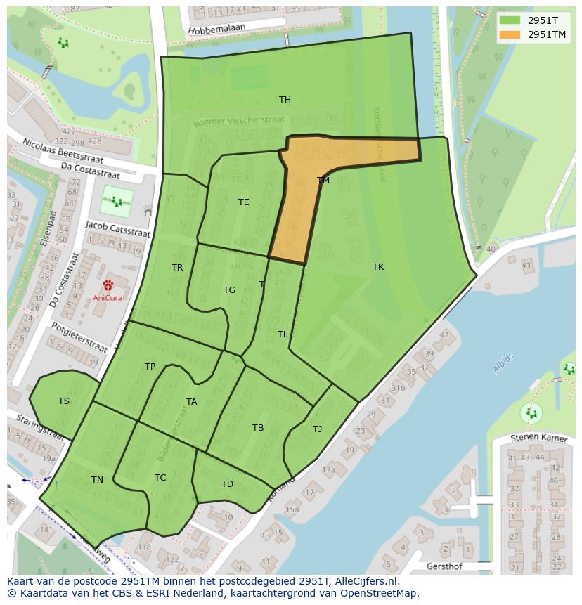 Afbeelding van het postcodegebied 2951 TM op de kaart.