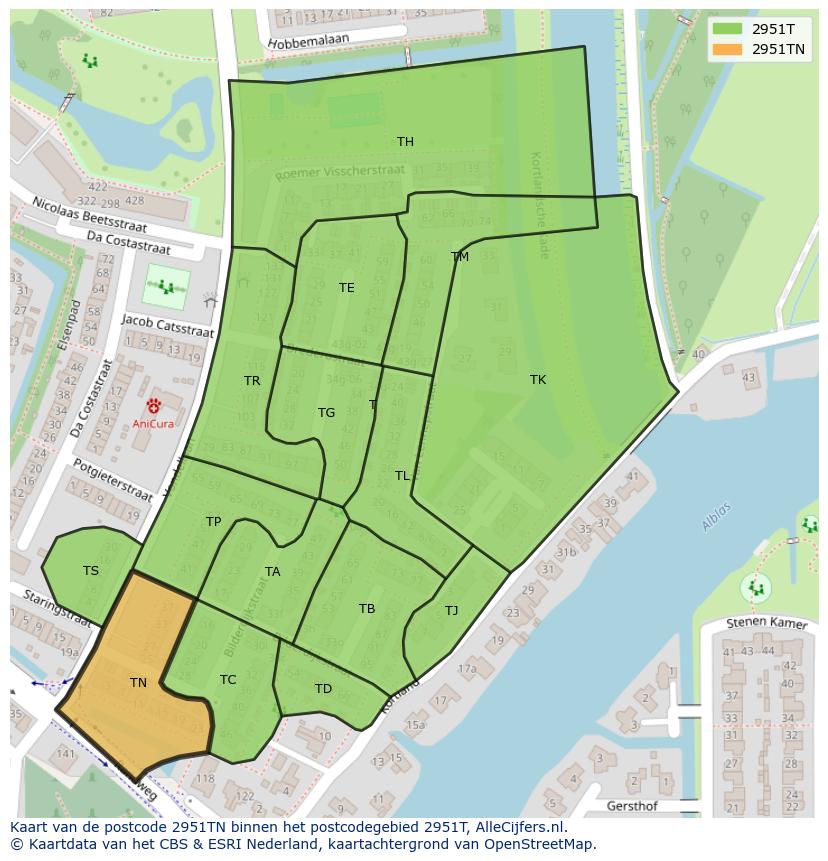 Afbeelding van het postcodegebied 2951 TN op de kaart.