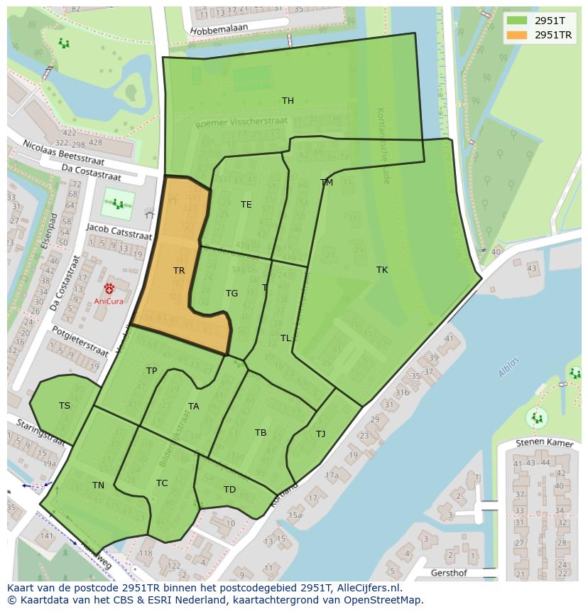 Afbeelding van het postcodegebied 2951 TR op de kaart.