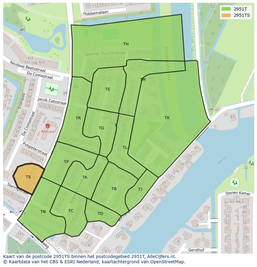 Afbeelding van het postcodegebied 2951 TS op de kaart.
