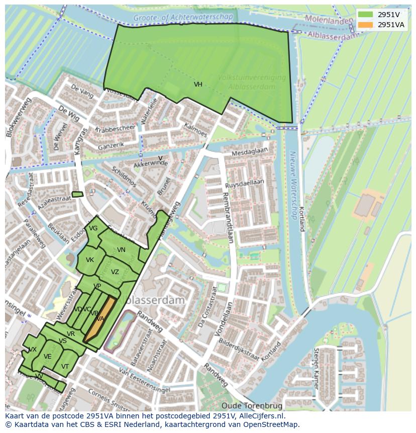 Afbeelding van het postcodegebied 2951 VA op de kaart.