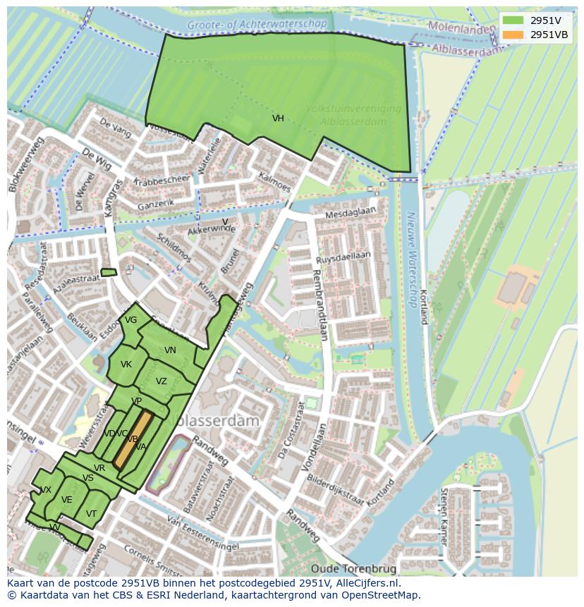 Afbeelding van het postcodegebied 2951 VB op de kaart.