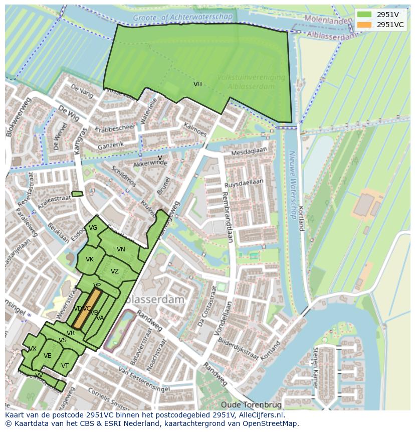 Afbeelding van het postcodegebied 2951 VC op de kaart.