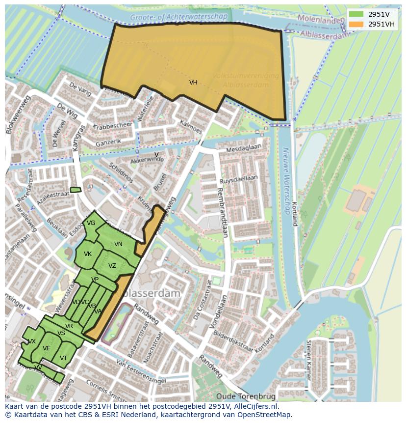 Afbeelding van het postcodegebied 2951 VH op de kaart.