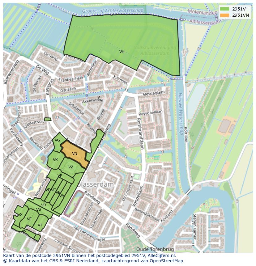Afbeelding van het postcodegebied 2951 VN op de kaart.