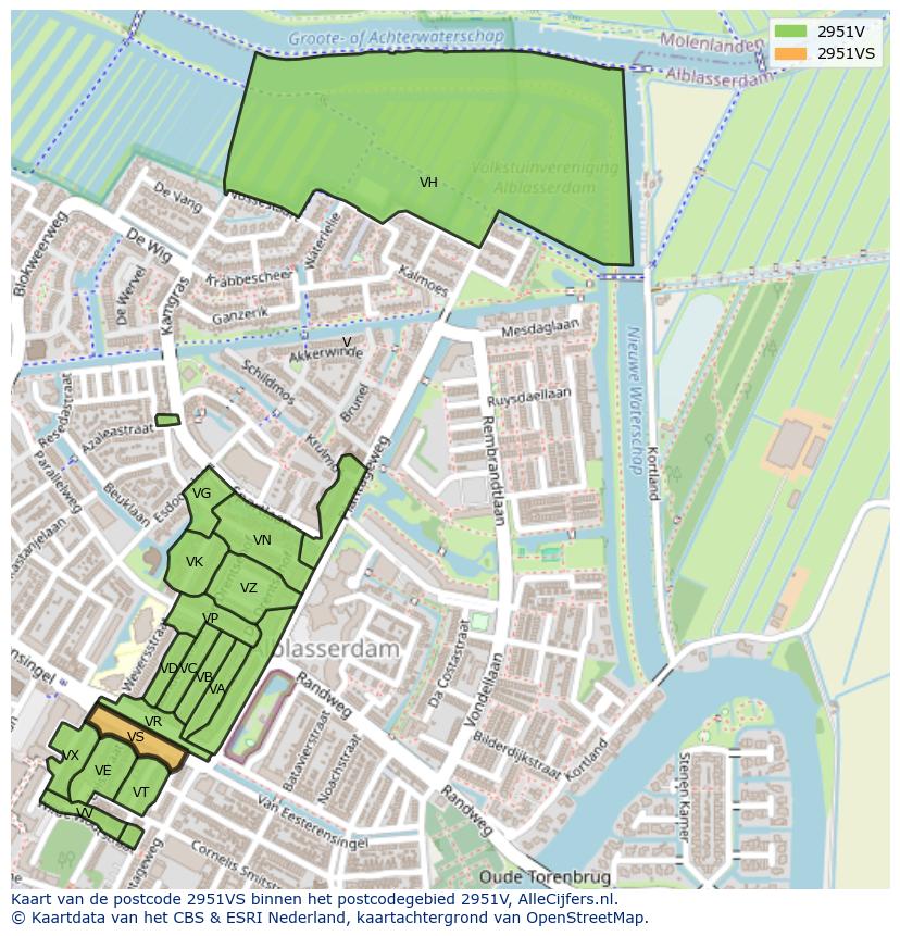 Afbeelding van het postcodegebied 2951 VS op de kaart.