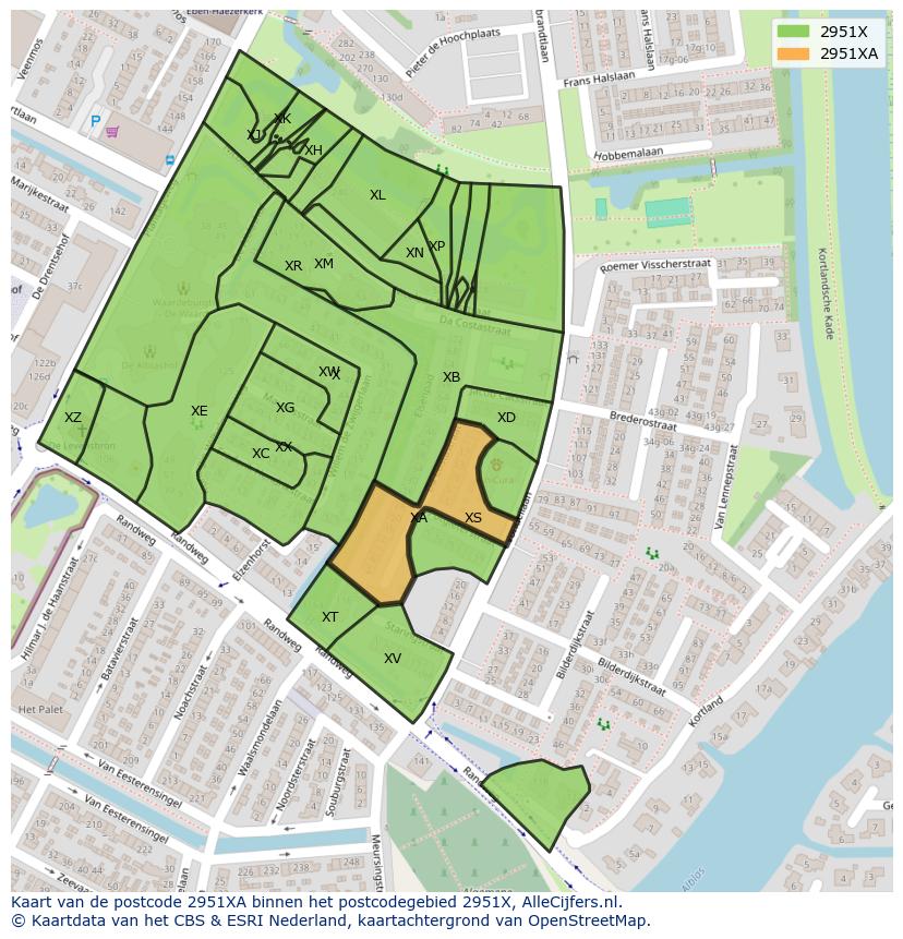 Afbeelding van het postcodegebied 2951 XA op de kaart.
