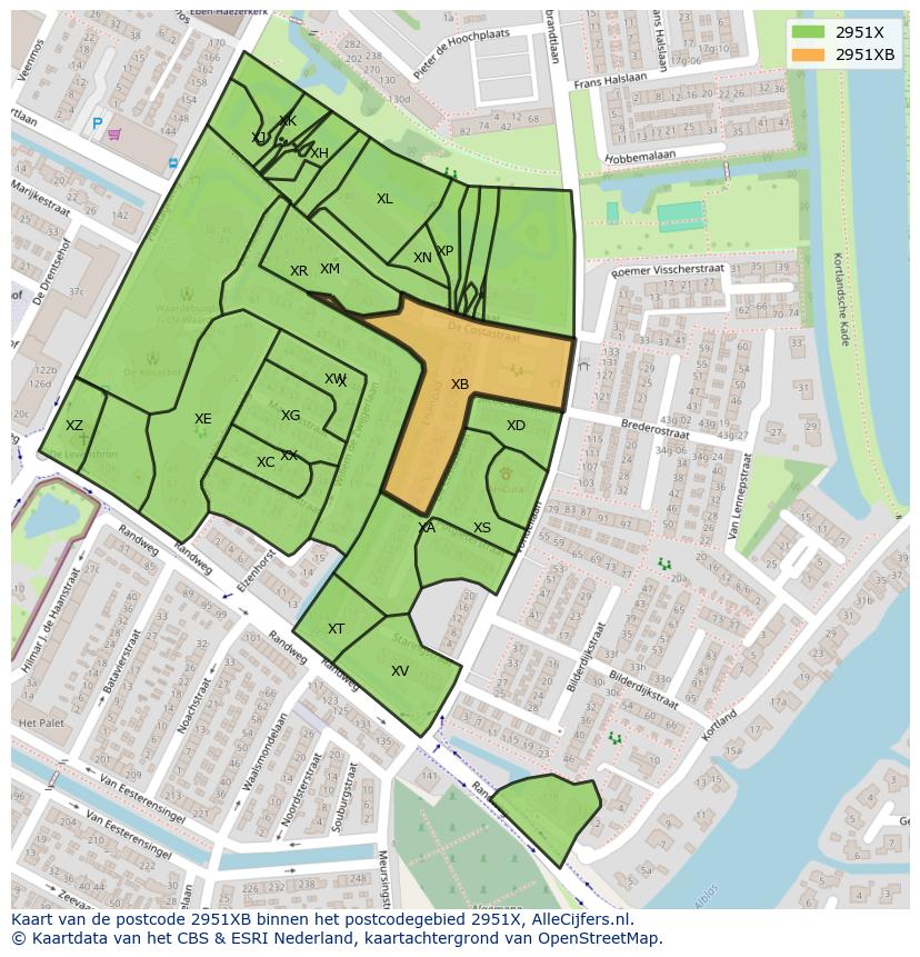 Afbeelding van het postcodegebied 2951 XB op de kaart.