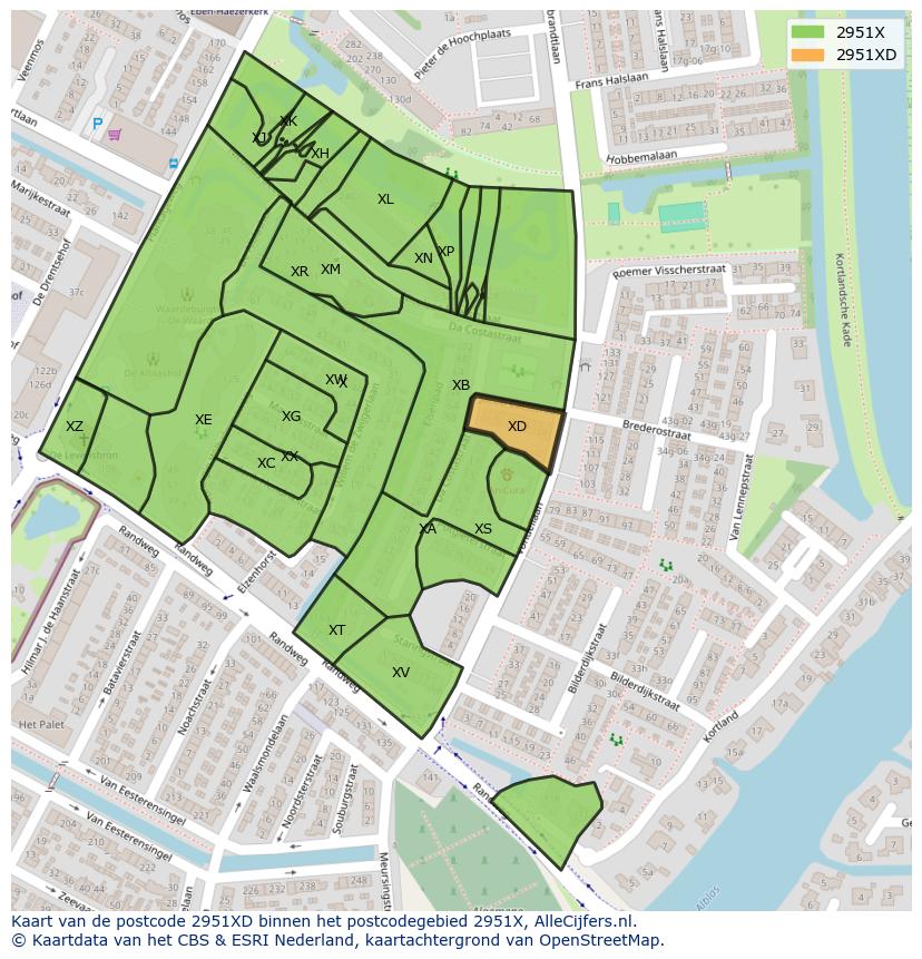 Afbeelding van het postcodegebied 2951 XD op de kaart.