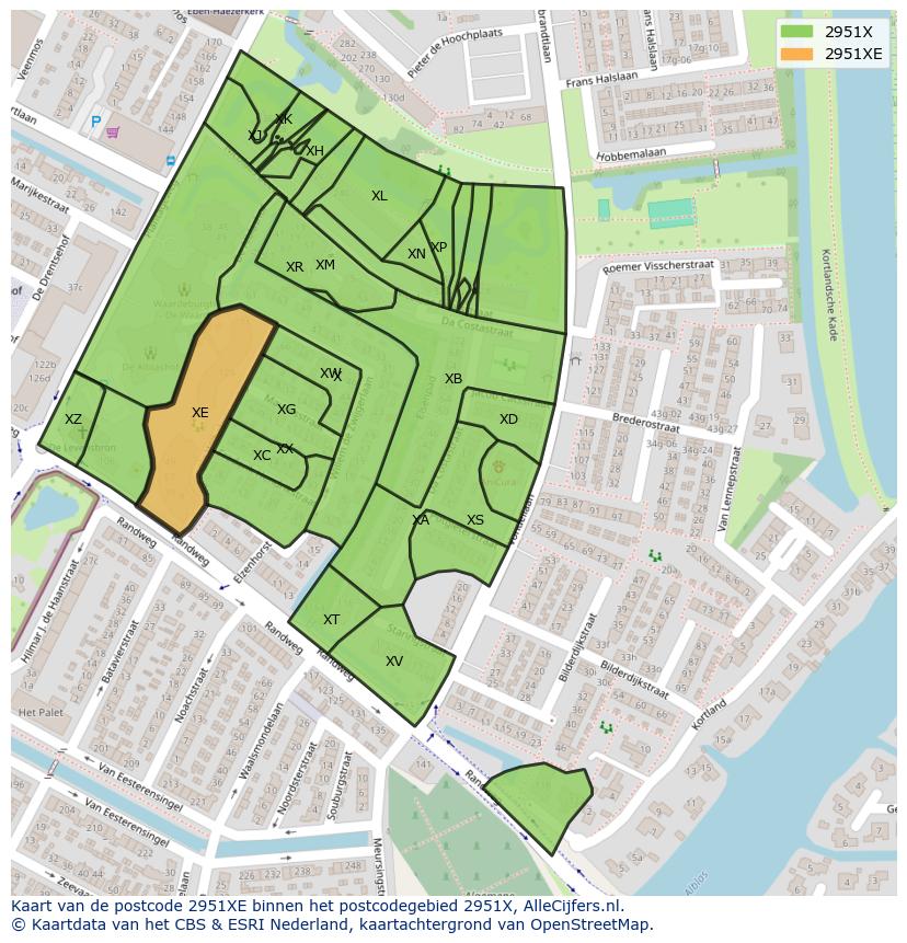 Afbeelding van het postcodegebied 2951 XE op de kaart.