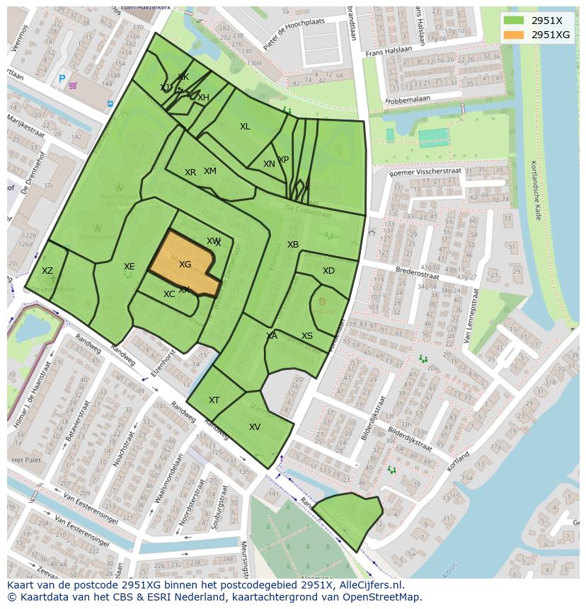 Afbeelding van het postcodegebied 2951 XG op de kaart.