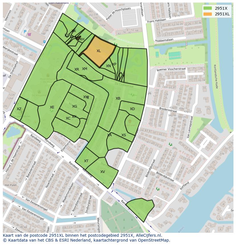 Afbeelding van het postcodegebied 2951 XL op de kaart.