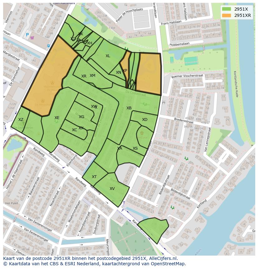 Afbeelding van het postcodegebied 2951 XR op de kaart.