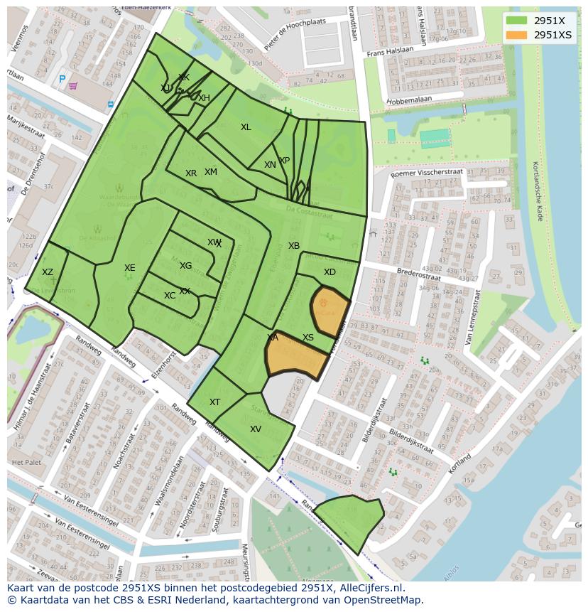 Afbeelding van het postcodegebied 2951 XS op de kaart.