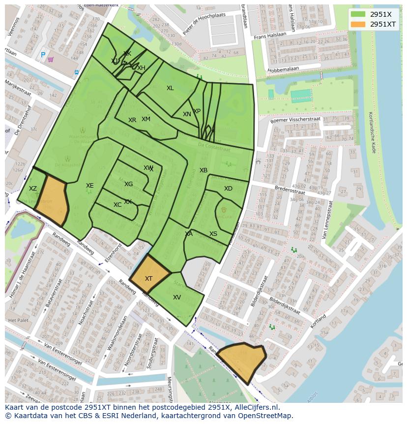 Afbeelding van het postcodegebied 2951 XT op de kaart.