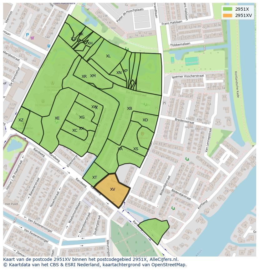 Afbeelding van het postcodegebied 2951 XV op de kaart.