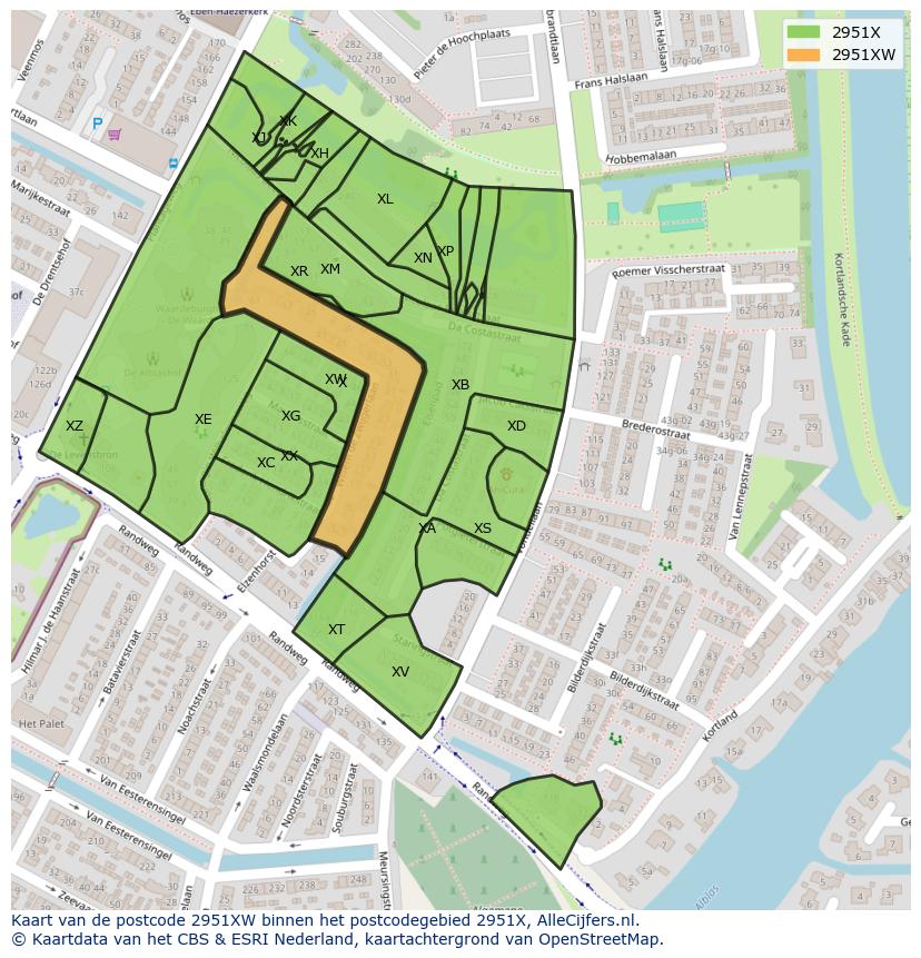 Afbeelding van het postcodegebied 2951 XW op de kaart.