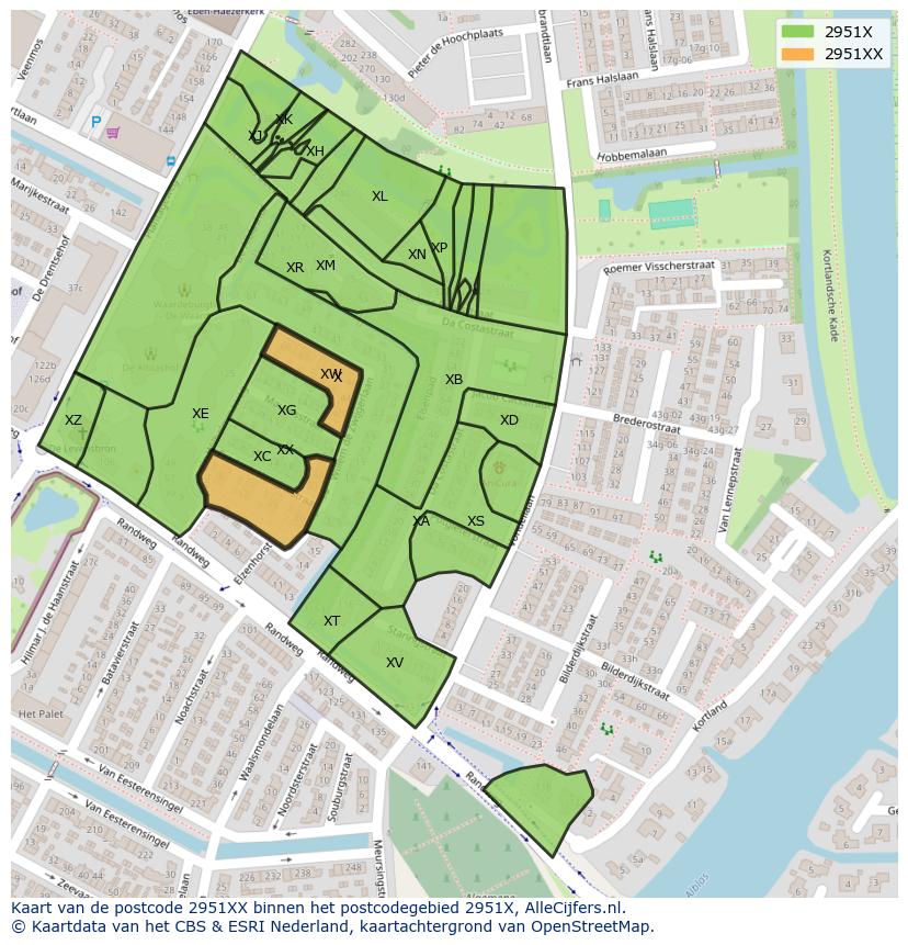 Afbeelding van het postcodegebied 2951 XX op de kaart.
