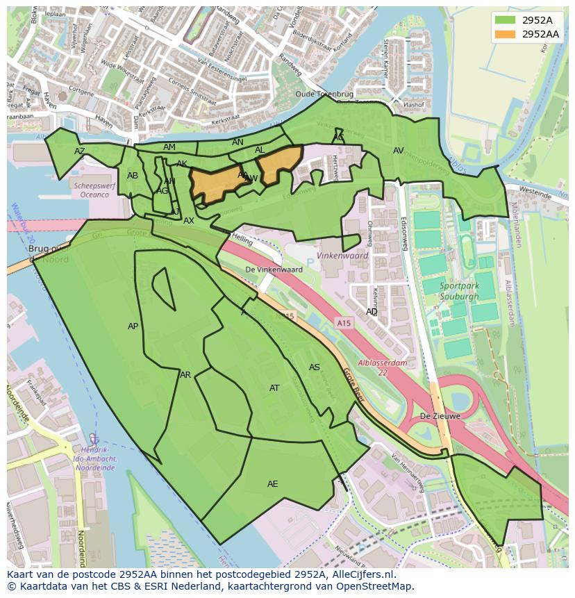 Afbeelding van het postcodegebied 2952 AA op de kaart.