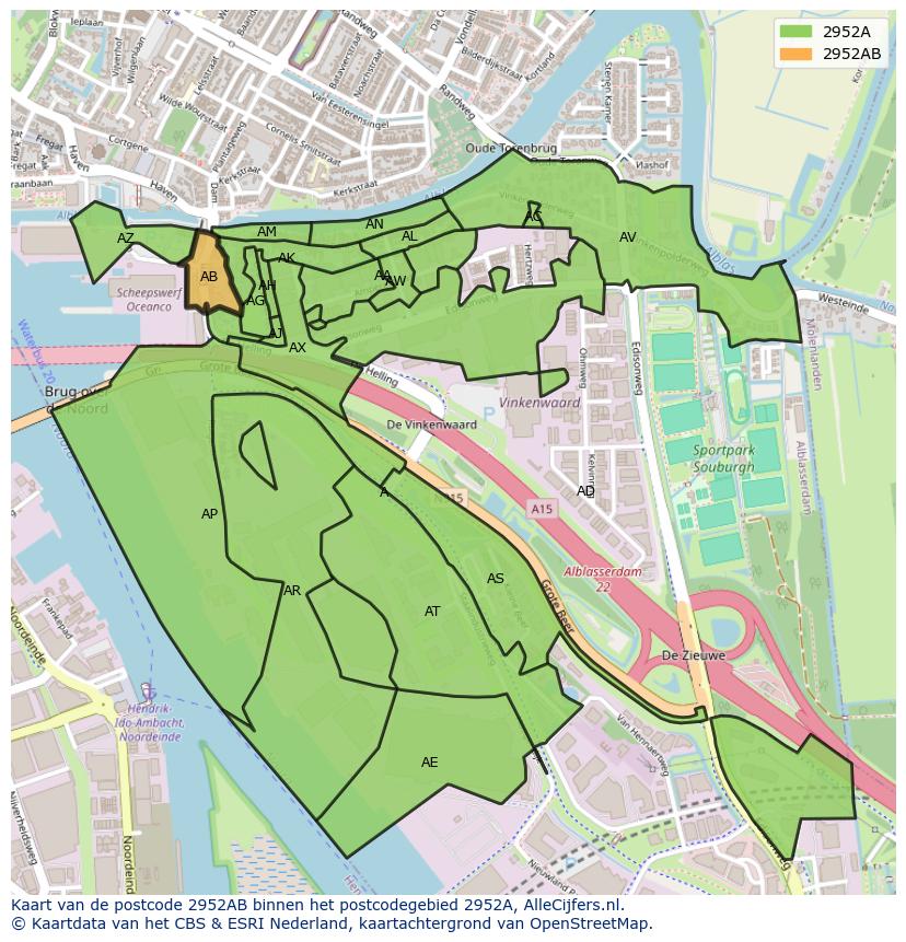 Afbeelding van het postcodegebied 2952 AB op de kaart.