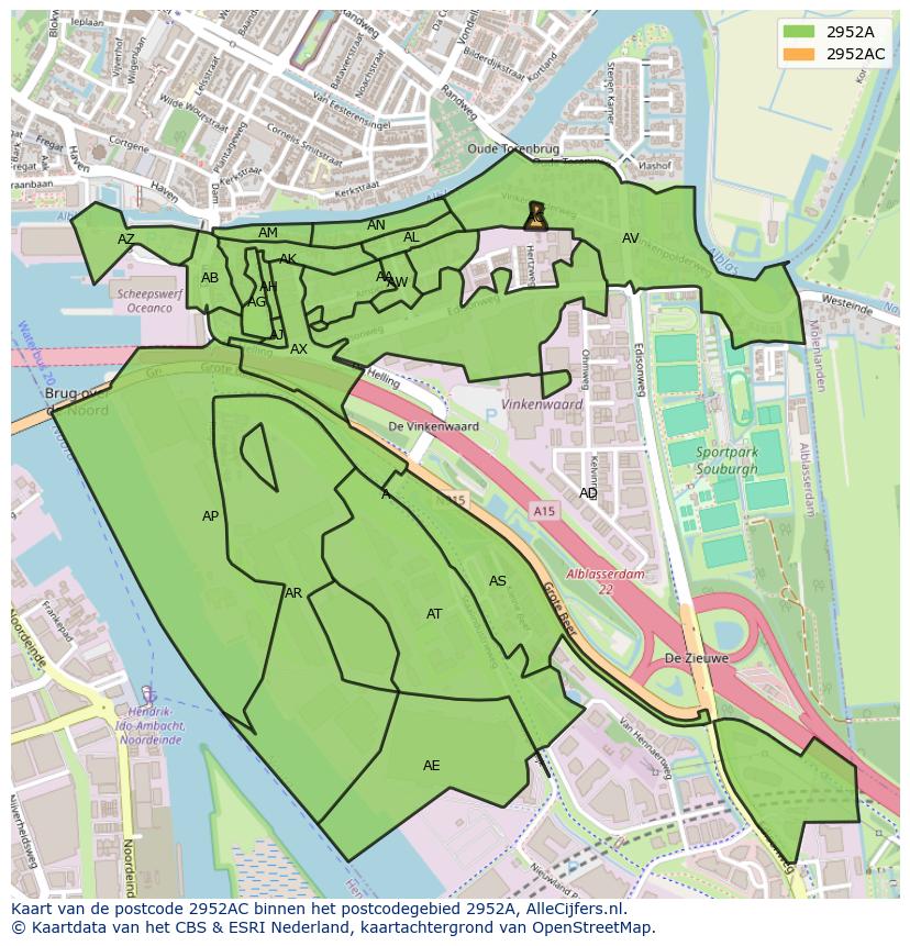 Afbeelding van het postcodegebied 2952 AC op de kaart.