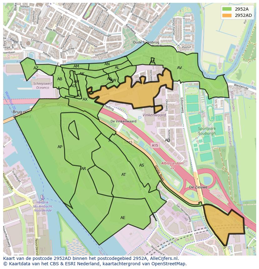Afbeelding van het postcodegebied 2952 AD op de kaart.