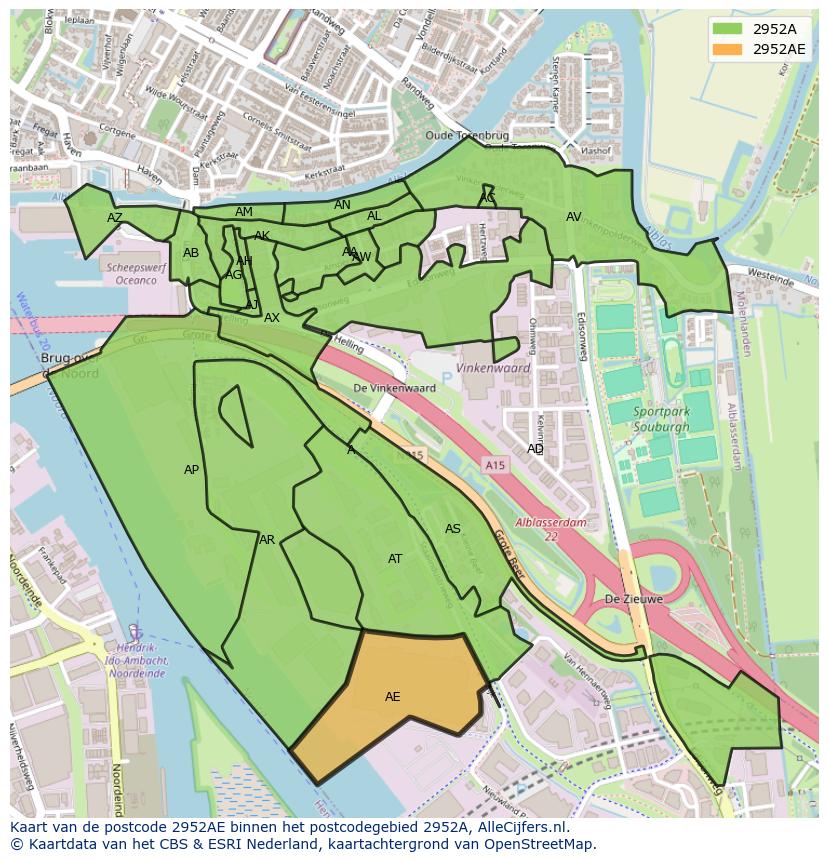 Afbeelding van het postcodegebied 2952 AE op de kaart.