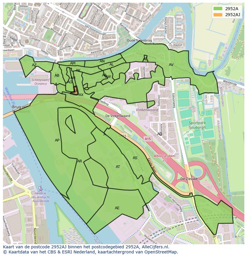 Afbeelding van het postcodegebied 2952 AJ op de kaart.