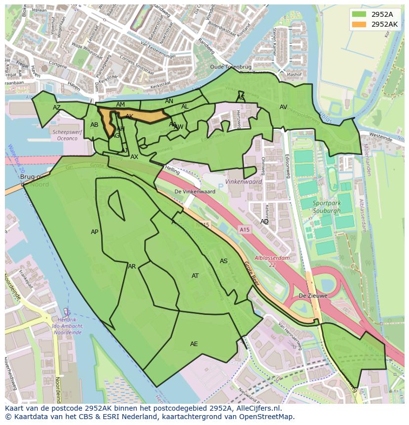 Afbeelding van het postcodegebied 2952 AK op de kaart.