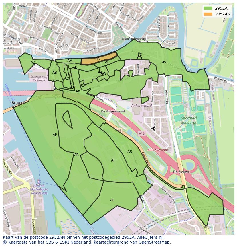 Afbeelding van het postcodegebied 2952 AN op de kaart.