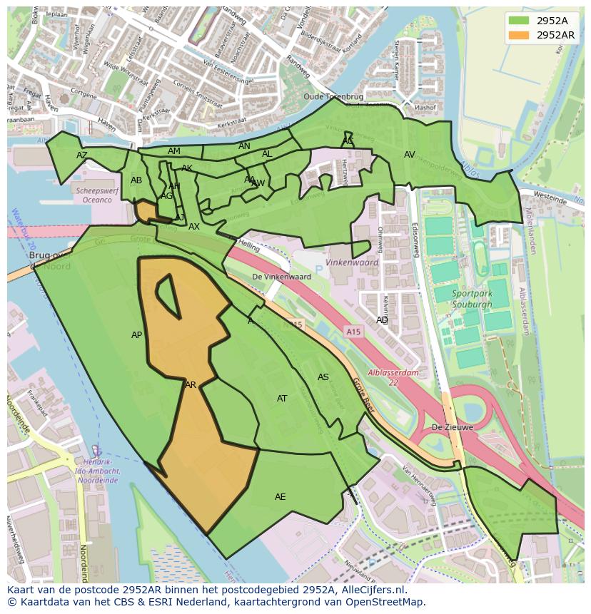 Afbeelding van het postcodegebied 2952 AR op de kaart.